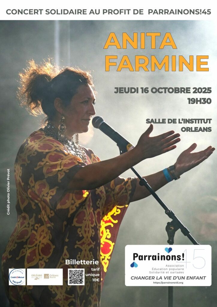 Affiche du concert d'Anita Farmine pour Parrainons 45! le 16 octobre 2025 salle de l'institut à Orléans
